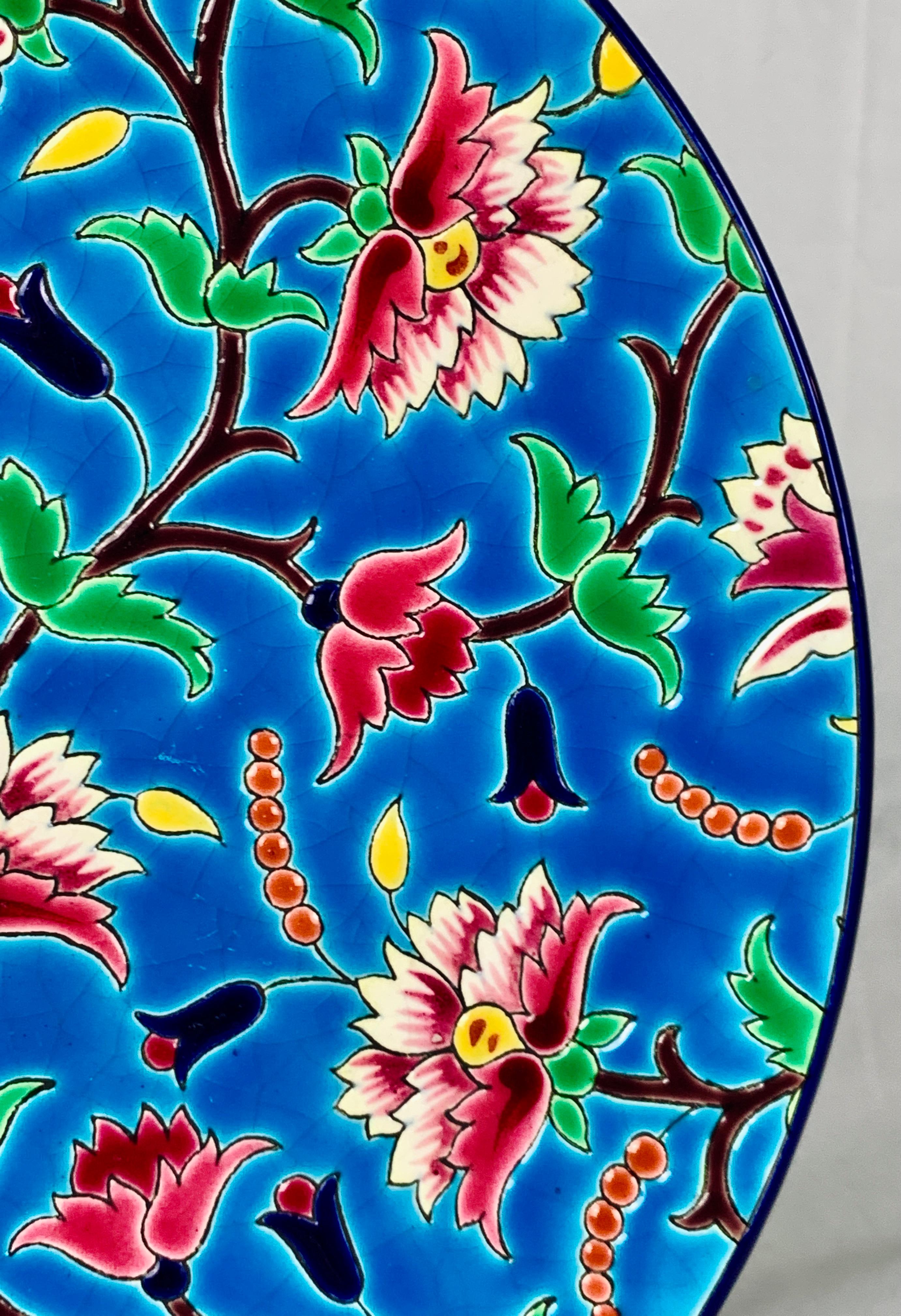 French Large Charger Hand-Painted with Cloisonné Enamels by Longwy, France, 1930-1955