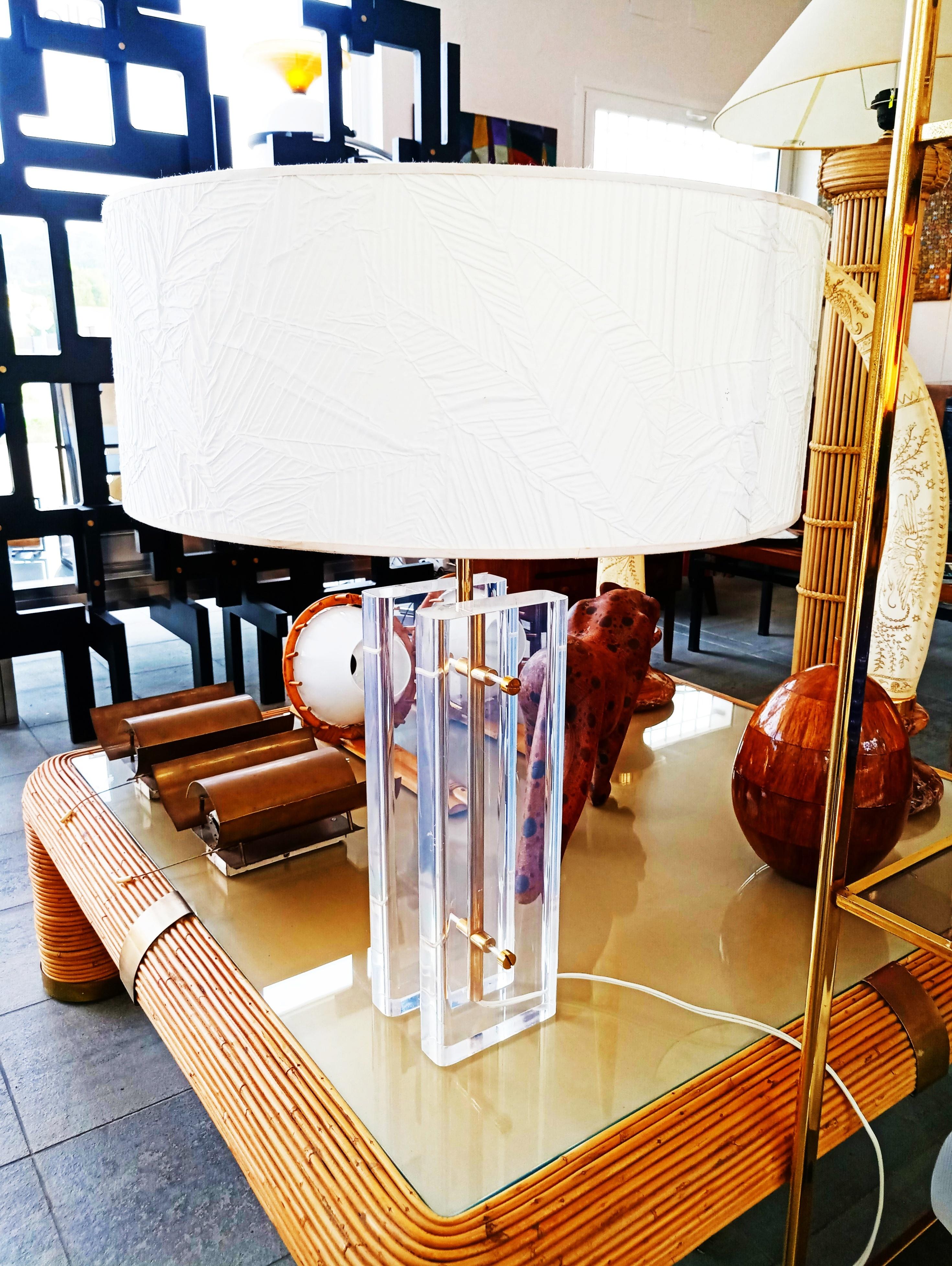 Rare and beautiful large Charles Hollis Jones Lucite and brass table lamp manufactured in 1970s. In perfect vintage condition.