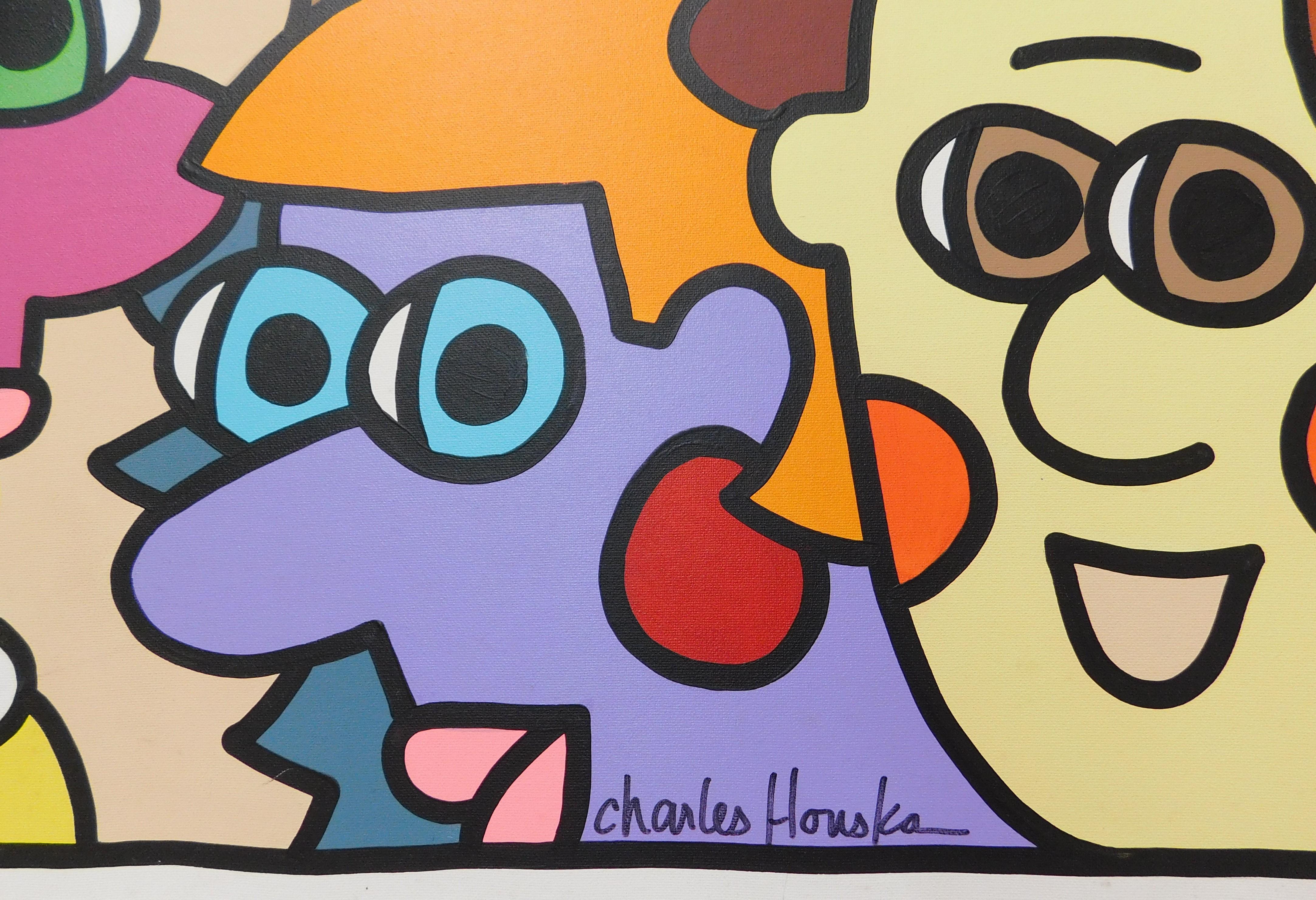 Modern vibrant 2001 Charles Houska original painting measuring four feet by four feet.
Pop-artist Charles Houska (pronounced House-ka) has been a working artist for more than 20 years, and now has his own studio/gallery, Houska Gallery, in St.
