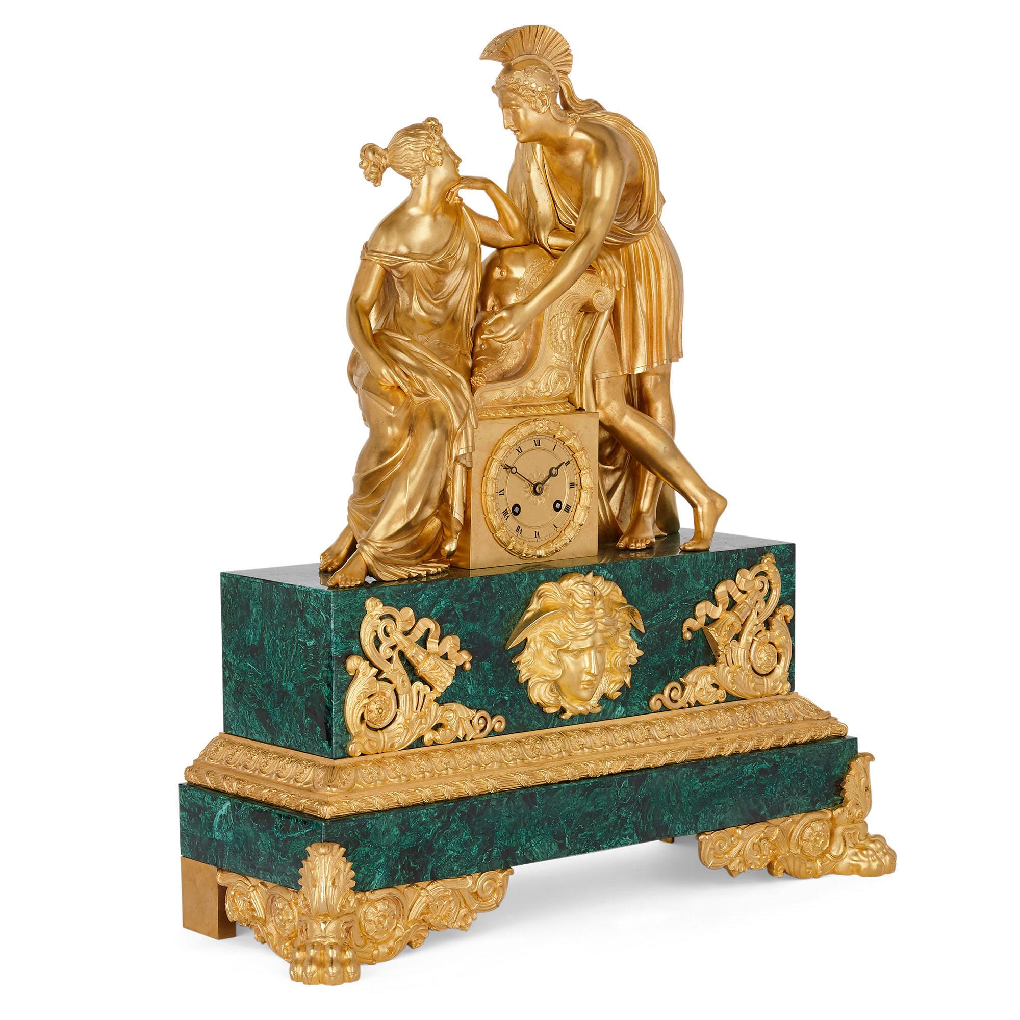 Large Charles X period gilt bronze and malachite clock
French, circa 1830
Measures: Height 62cm, width 54cm, depth 20cm

This fine mantel clock is a superb example of the Charles X style. The clock, wrought from malachite and gilt bronze,