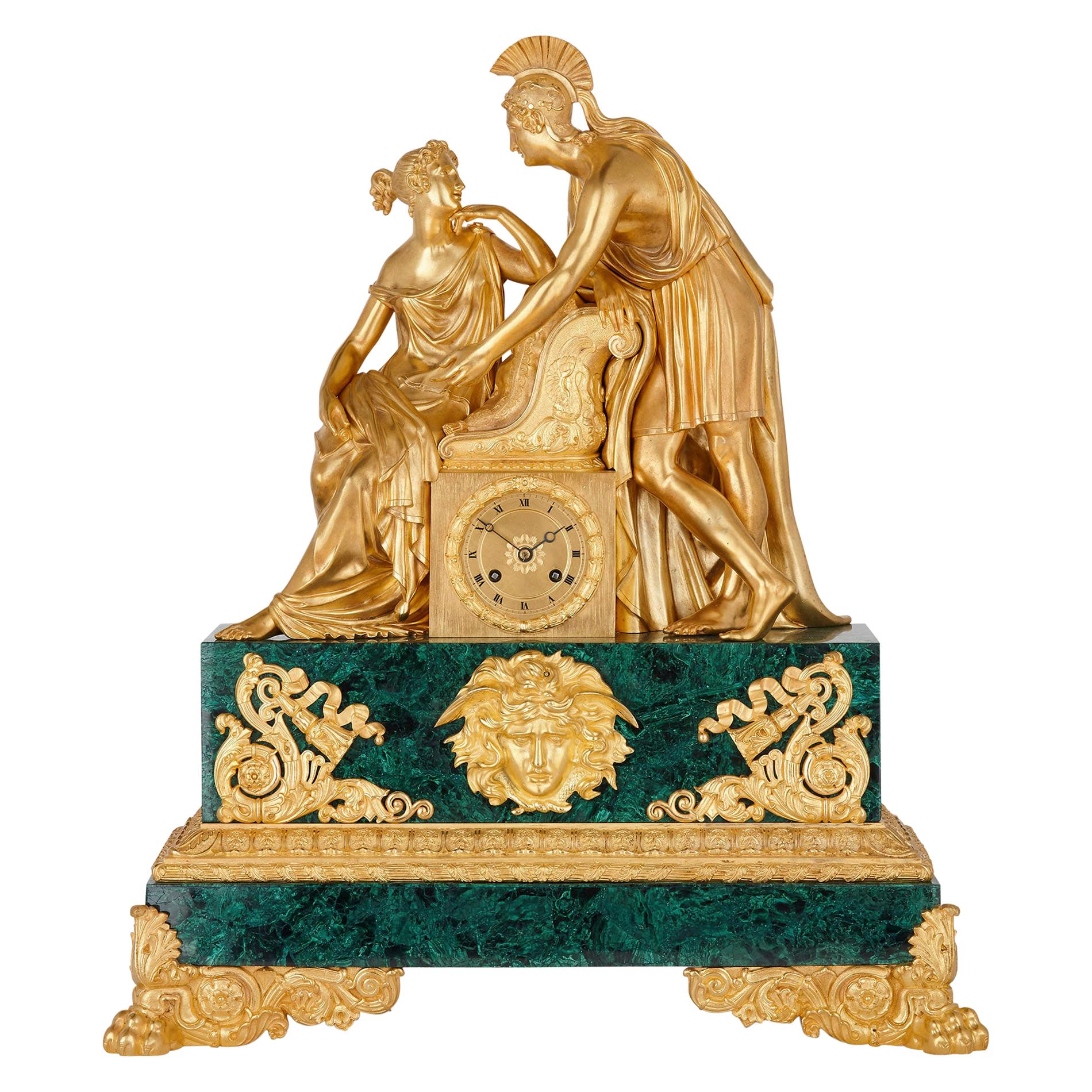Large Charles X Period Gilt Bronze and Malachite Clock
