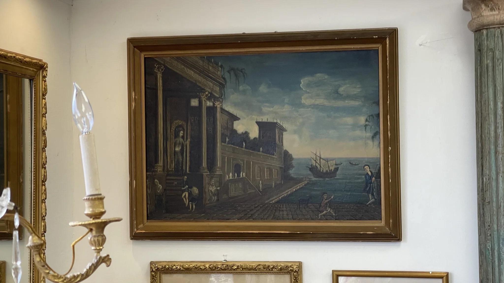 Ende des 18. - Anfang des 19. Jahrhunderts, charmantes Öl auf Leinwand, naive Venedig-Szene.