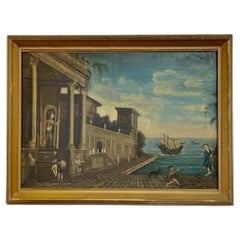 Grande et charmante peinture naïve de Venise du 18ème siècle