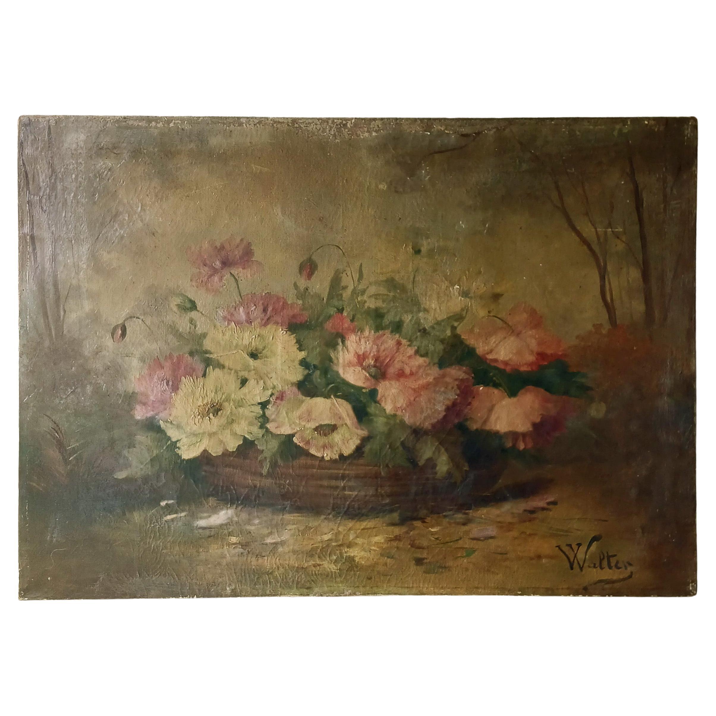 Large & Charming Antique French Still Life of Poppies, Oil on Canvas, Signed