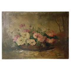 Large & Charming Antique French Still Life of Poppies, Oil on Canvas, Signed