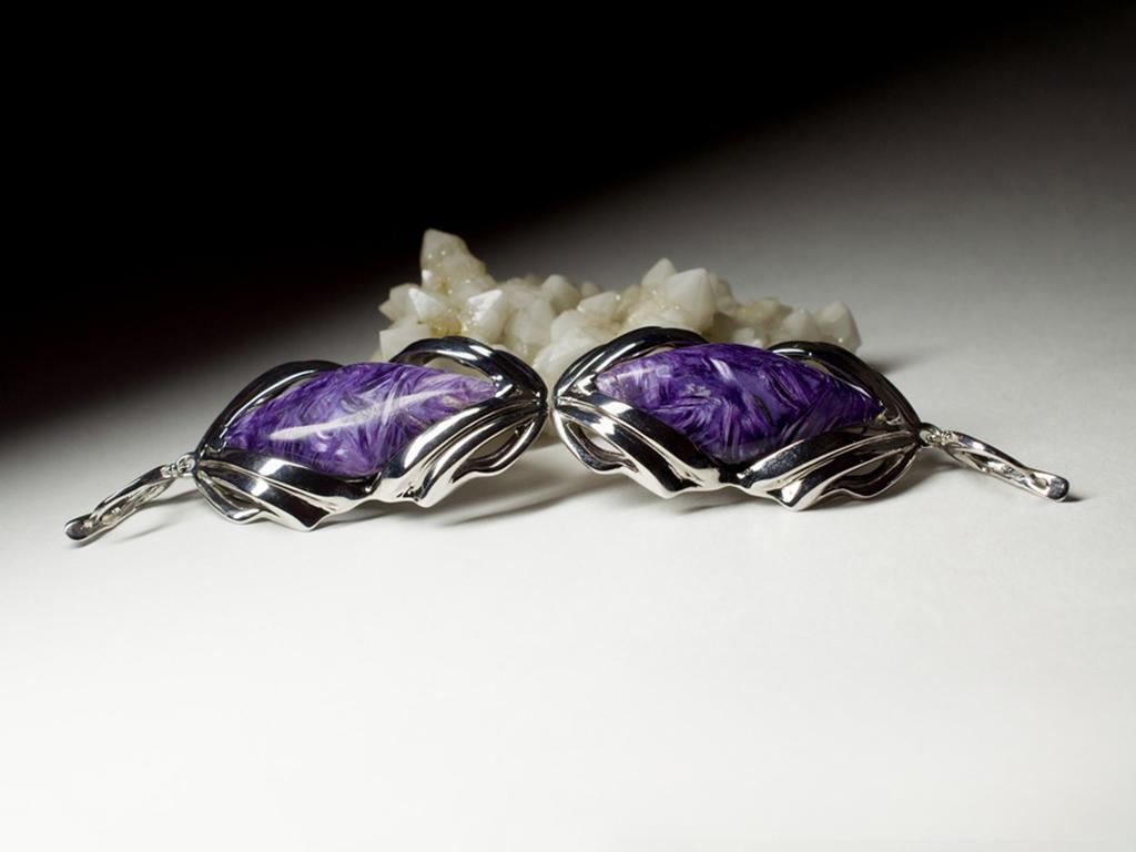 Orecchini grandi di Charoite Cabochon viola Gemma naturale Regalo di nozze amica arte in vendita 5