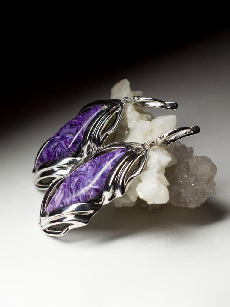Losanga Orecchini grandi di Charoite Cabochon viola Gemma naturale Regalo di nozze amica arte in vendita