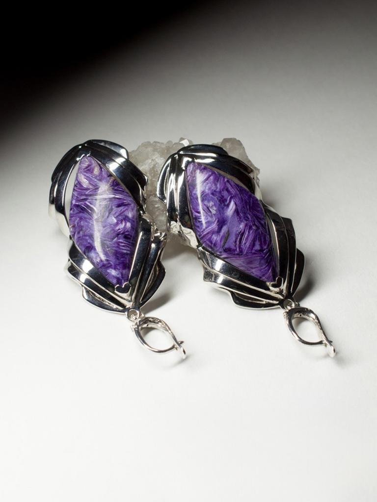 Donna Orecchini grandi di Charoite Cabochon viola Gemma naturale Regalo di nozze amica arte in vendita