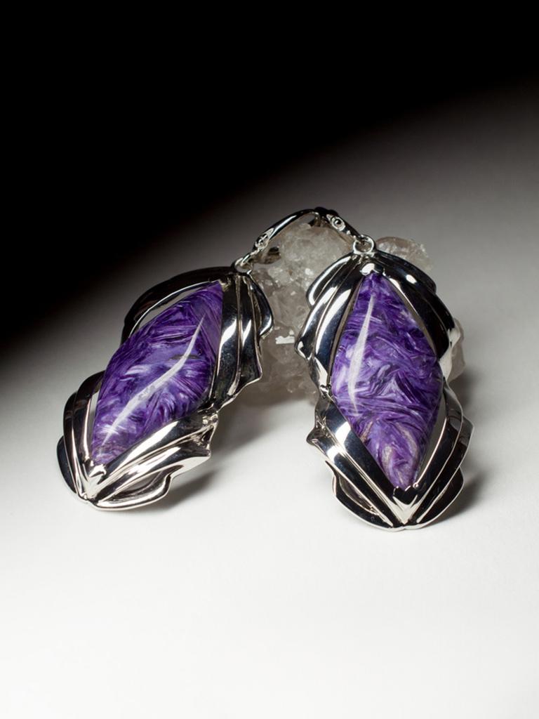 Orecchini grandi di Charoite Cabochon viola Gemma naturale Regalo di nozze amica arte in vendita 2
