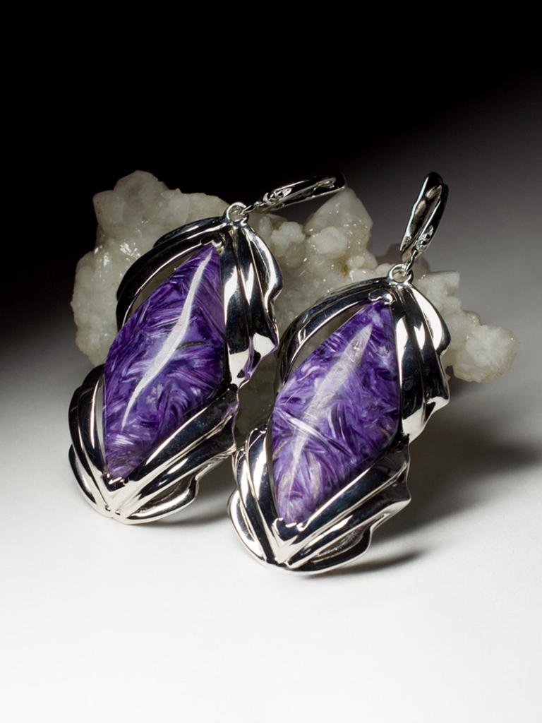 Orecchini grandi di Charoite Cabochon viola Gemma naturale Regalo di nozze amica arte in vendita 3