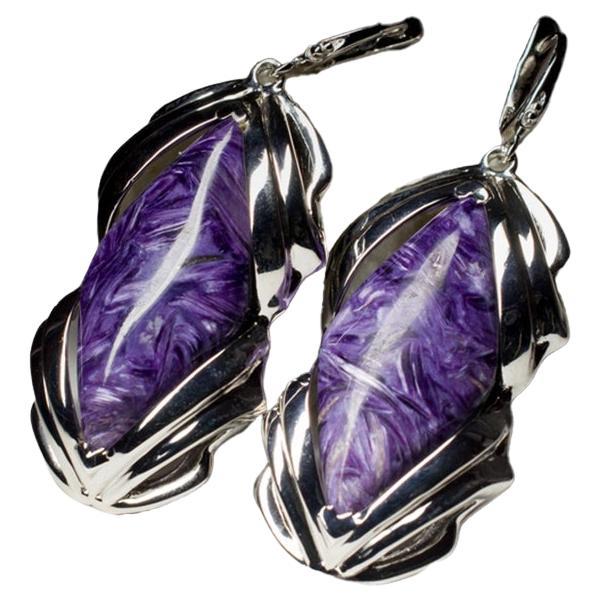 Orecchini grandi di Charoite Cabochon viola Gemma naturale Regalo di nozze amica arte