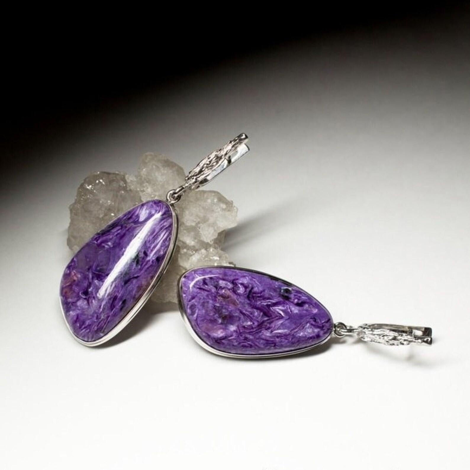 Artisan Large Charoite Silver Earrings Cabochon Fine Quality Purple Gemstone gift wife For Sale
