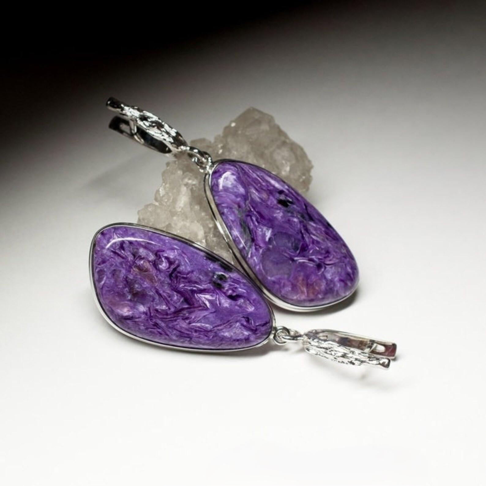 Pear Cut Large Charoite Silver Earrings Cabochon Fine Quality Purple Gemstone gift wife For Sale