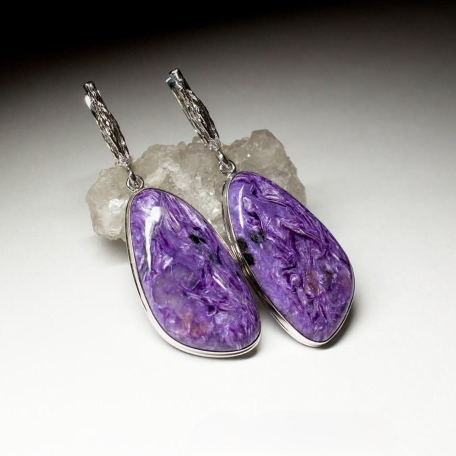 Large Charoite Silver Earrings Cabochon Fine Quality Purple Gemstone gift wife In New Condition For Sale In Berlin, DE