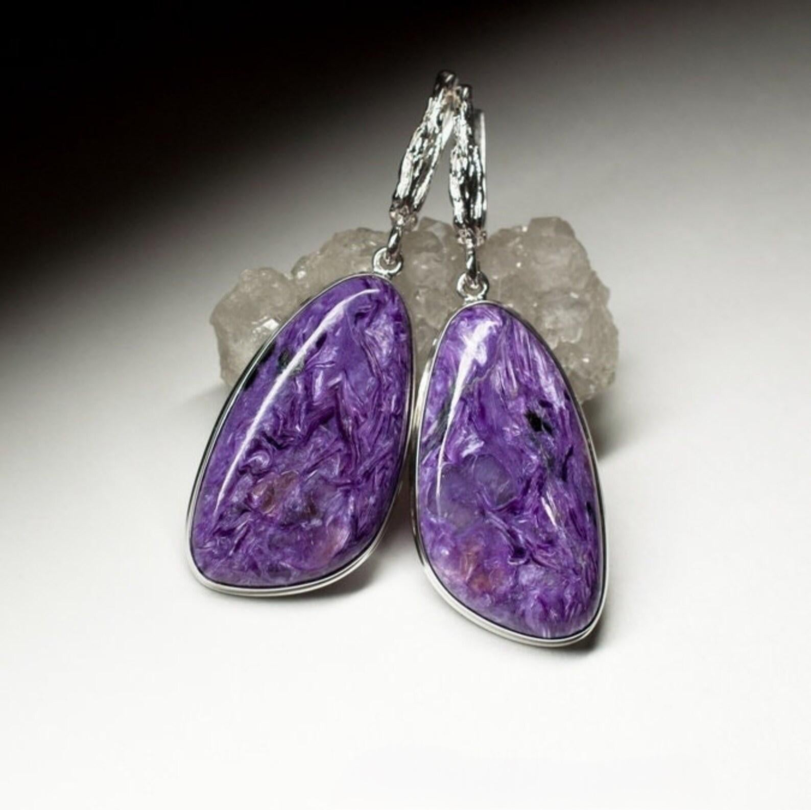 Women's or Men's Large Charoite Silver Earrings Cabochon Fine Quality Purple Gemstone gift wife For Sale