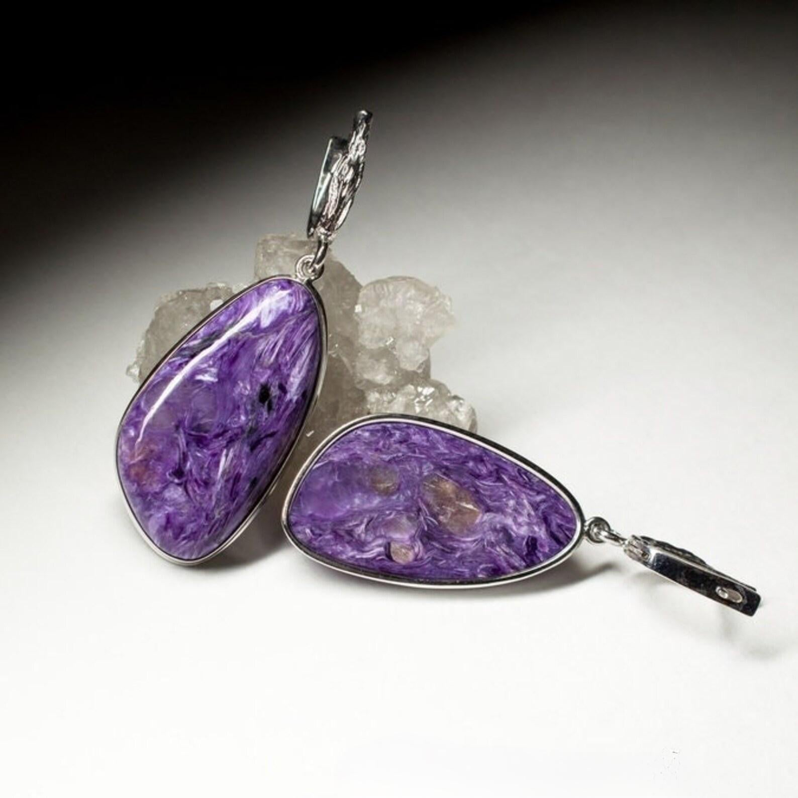 Large Charoite Silver Earrings Cabochon Fine Quality Purple Gemstone gift wife For Sale 1