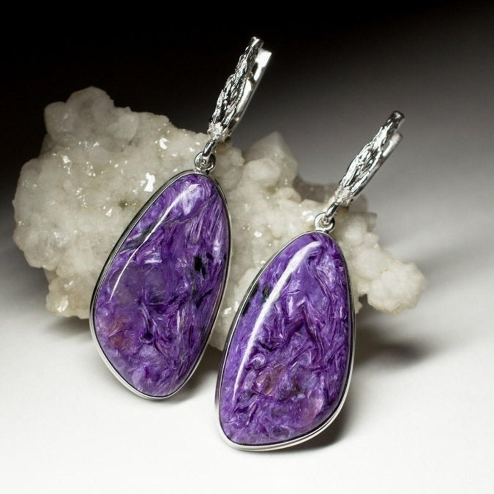 Large Charoite Silver Earrings Cabochon Fine Quality Purple Gemstone gift wife For Sale 2
