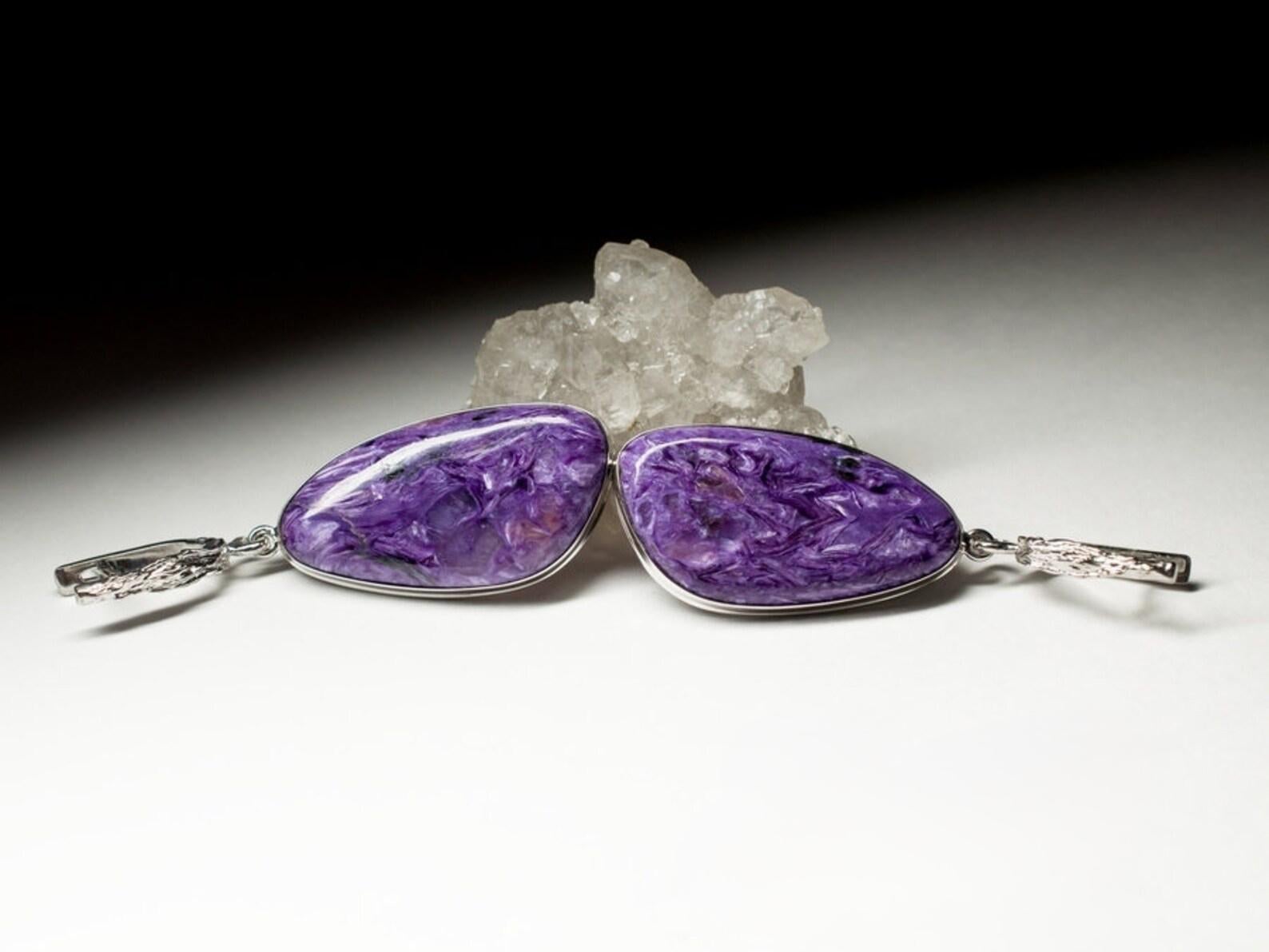 Large Charoite Silver Earrings Cabochon Fine Quality Purple Gemstone gift wife For Sale 3