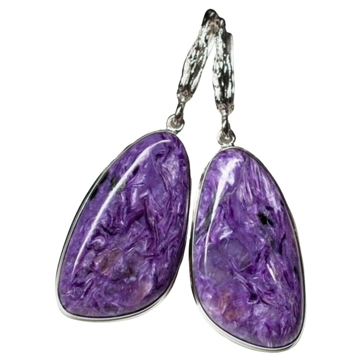 Large Charoite Silver Earrings Cabochon Fine Quality Purple Gemstone gift wife For Sale