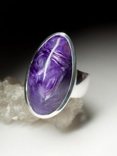 Large Charoite Silver Ring Oval Violet Lavender Flower Powerful Natural Gemstone (bague en argent)