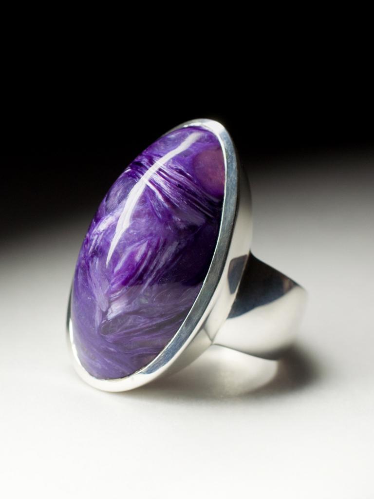 Artisan Large Charoite Silver Ring Oval Violet Lavender Flower Powerful Natural Gemstone For Sale