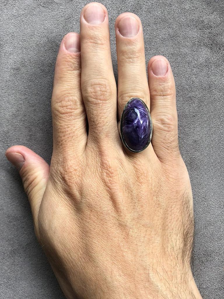 Oval Cut Large Charoite Silver Ring Oval Violet Lavender Flower Powerful Natural Gemstone For Sale