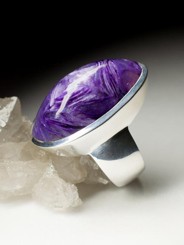 Large Charoite Silver Ring Oval Violet Lavender Flower Powerful Natural Gemstone For Sale 3