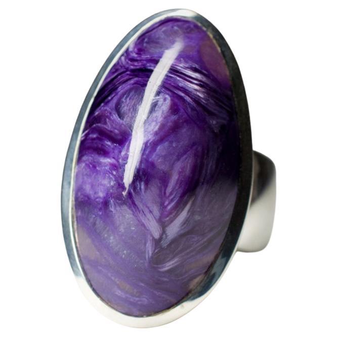 Large Charoite Silver Ring Oval Violet Lavender Flower Powerful Natural Gemstone For Sale