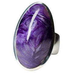 Large Charoite Silver Ring Oval Violet Lavender Flower Powerful Natural Gemstone