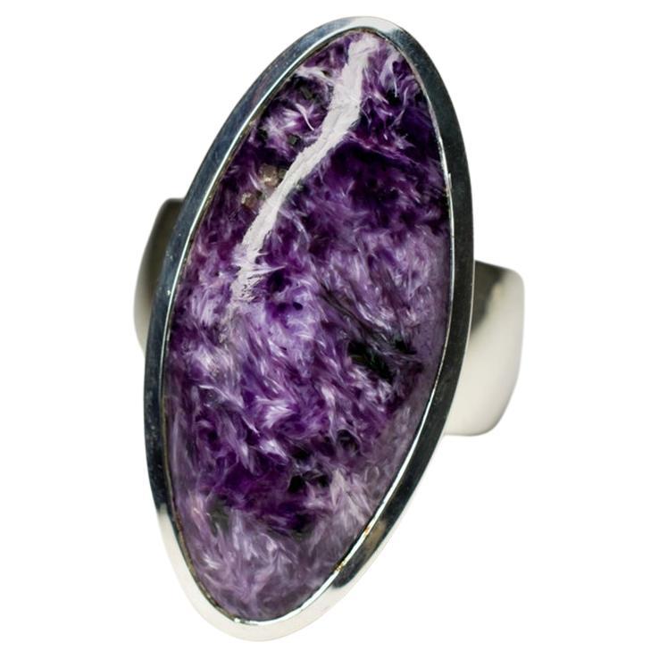 Large Charoite Silver Ring Purple Oval Natural Gemstone Unisex Vintage style