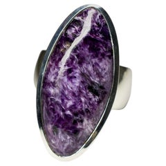 Large Charoite Silver Ring Purple Oval Natural Gemstone Unisex Vintage style
