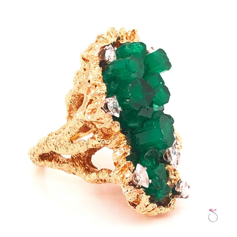 Huge stunning Chatham Emerald and diamond ring 14k yellow gold. This magnificent large ring features a beautiful Chatham Crystal Emerald measuring approximately 35 mm x 15.20 mm. The one of a kind ring has a very unique design with ocean coral trees