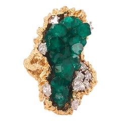 Retro Large Chatham Crystal Emerald and Diamond Statement Ring