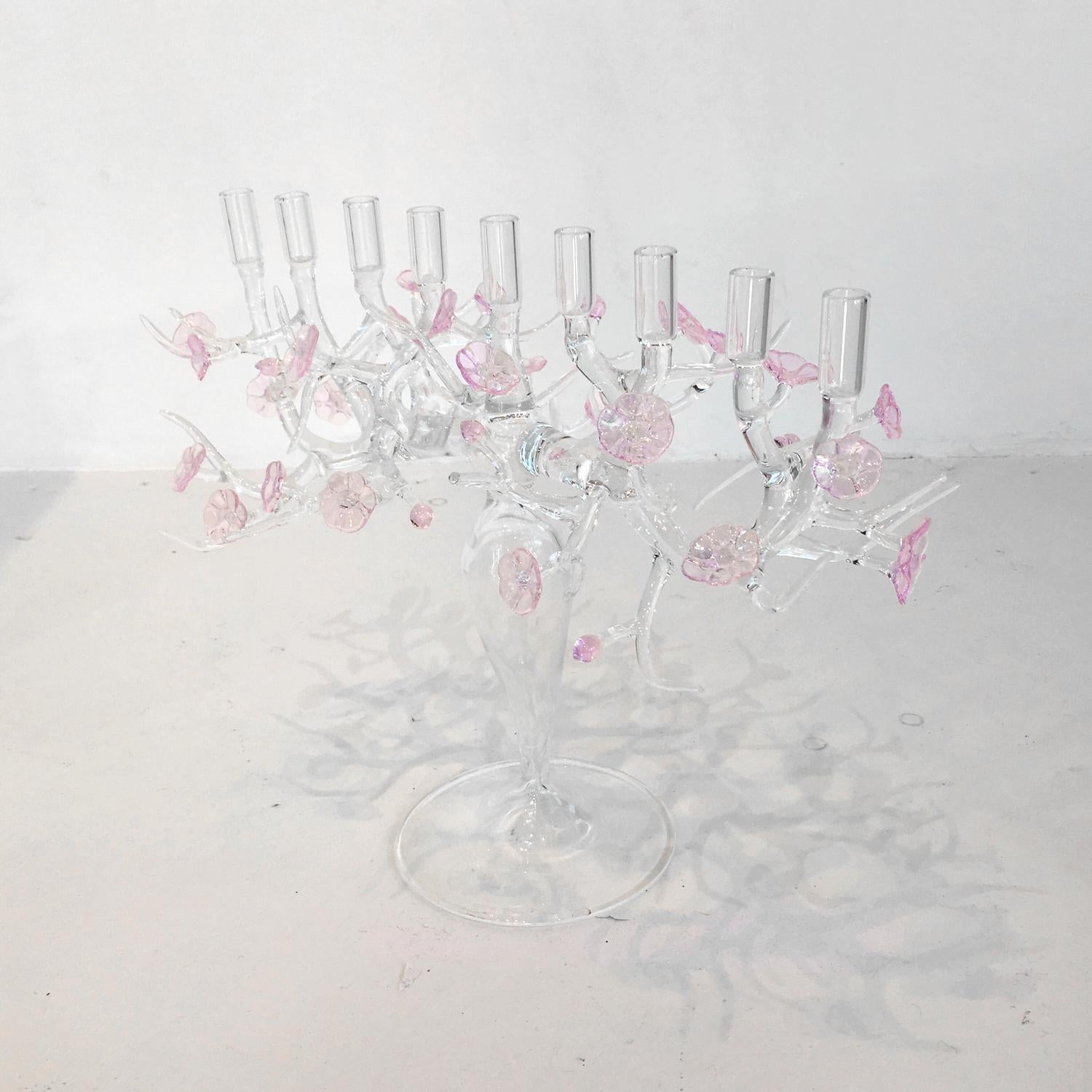 Modern Cherry Blossom Menorah Glass Sculpture