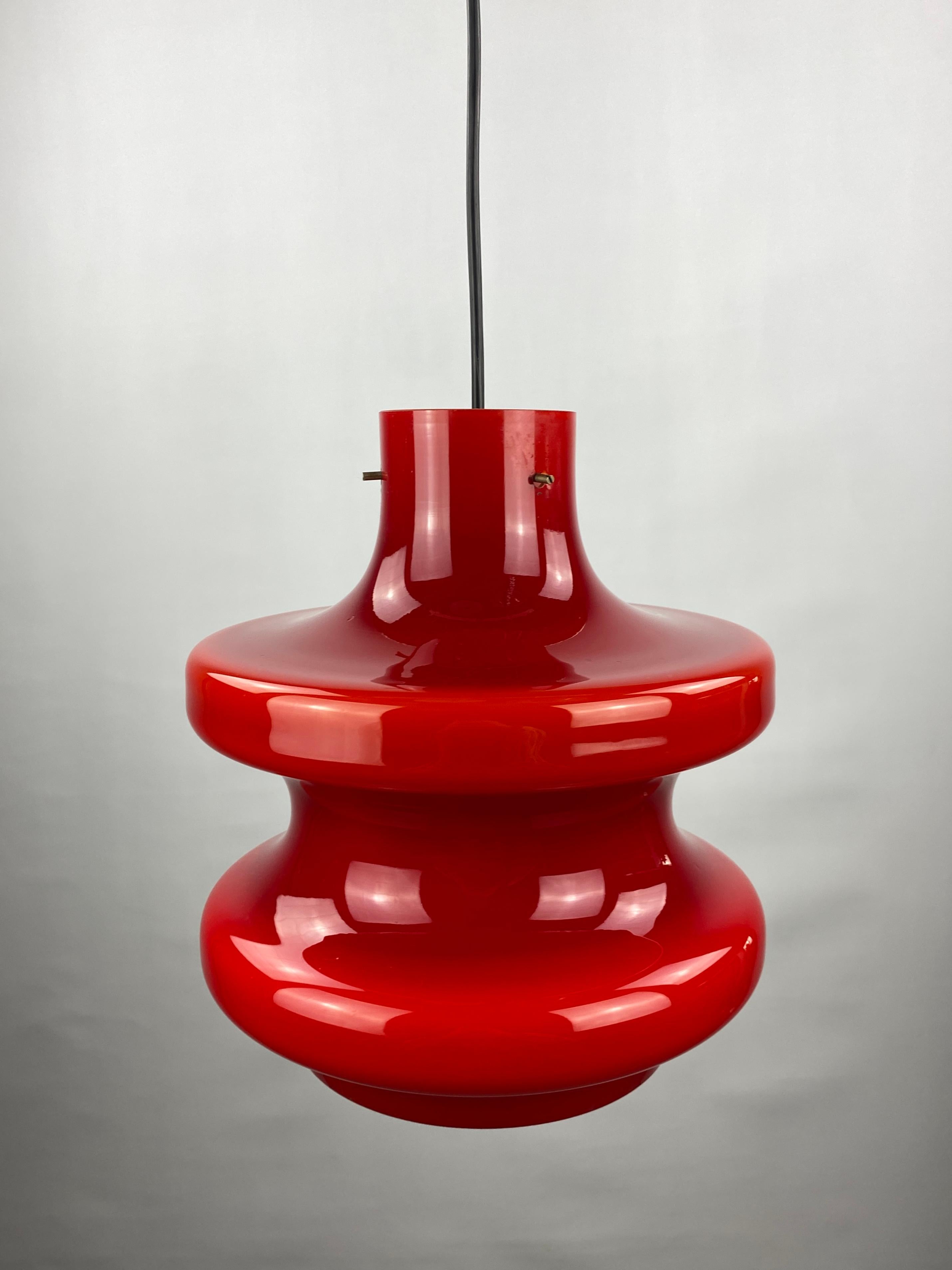 German Large cherry red glass pendant light by Peill and Putzler XL 1960 For Sale