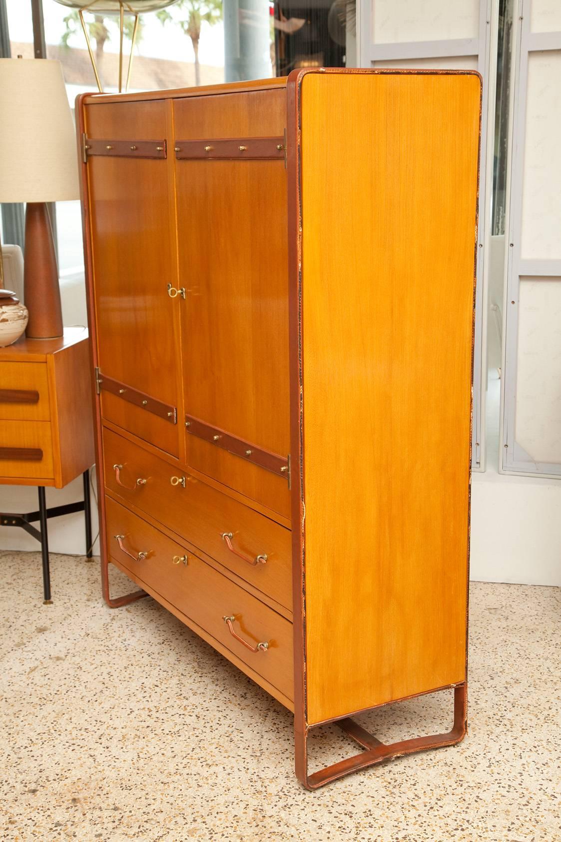 Large Cherrywood and Leather Cabinet by Jacques Adnet, circa 1950 In Good Condition In North Miami, FL