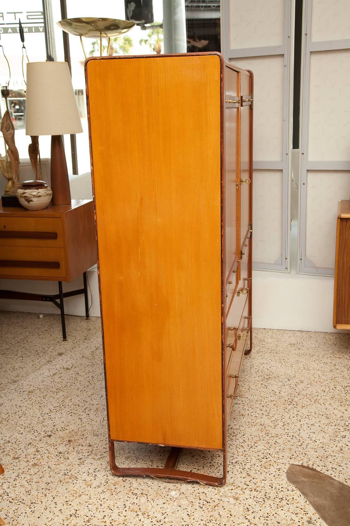 Mid-20th Century Large Cherrywood and Leather Cabinet by Jacques Adnet, circa 1950