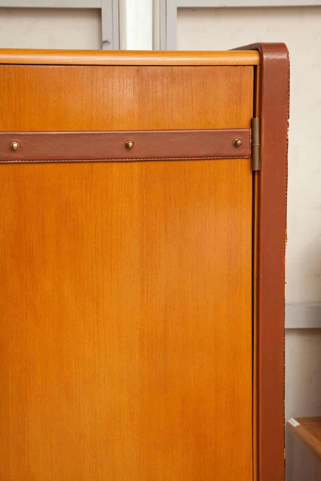 Large Cherrywood and Leather Cabinet by Jacques Adnet, circa 1950 2