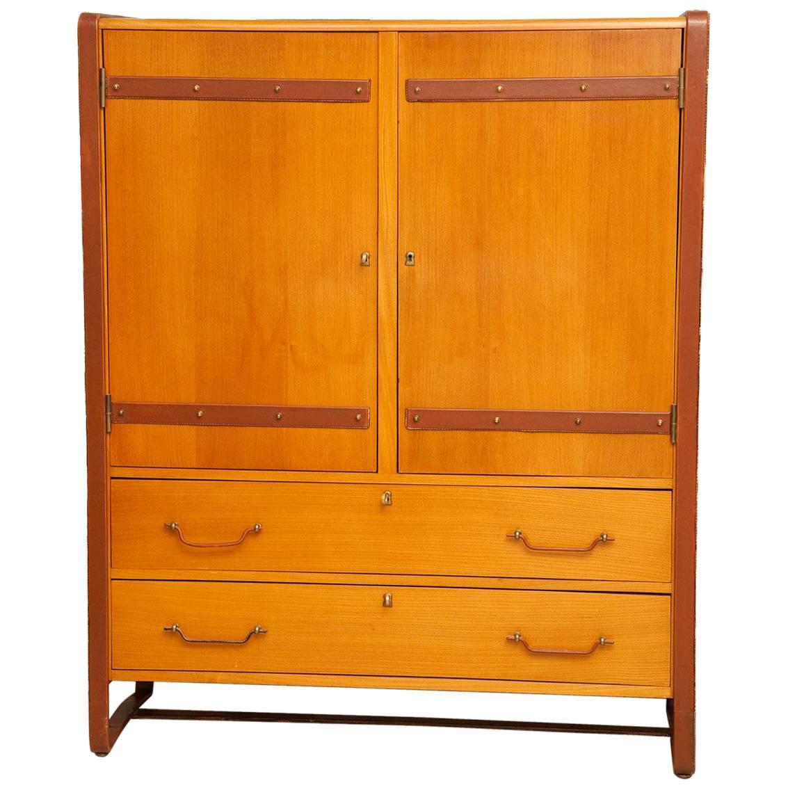 Large Cherrywood and Leather Cabinet by Jacques Adnet, circa 1950