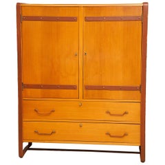 Large Cherrywood and Leather Cabinet by Jacques Adnet, circa 1950