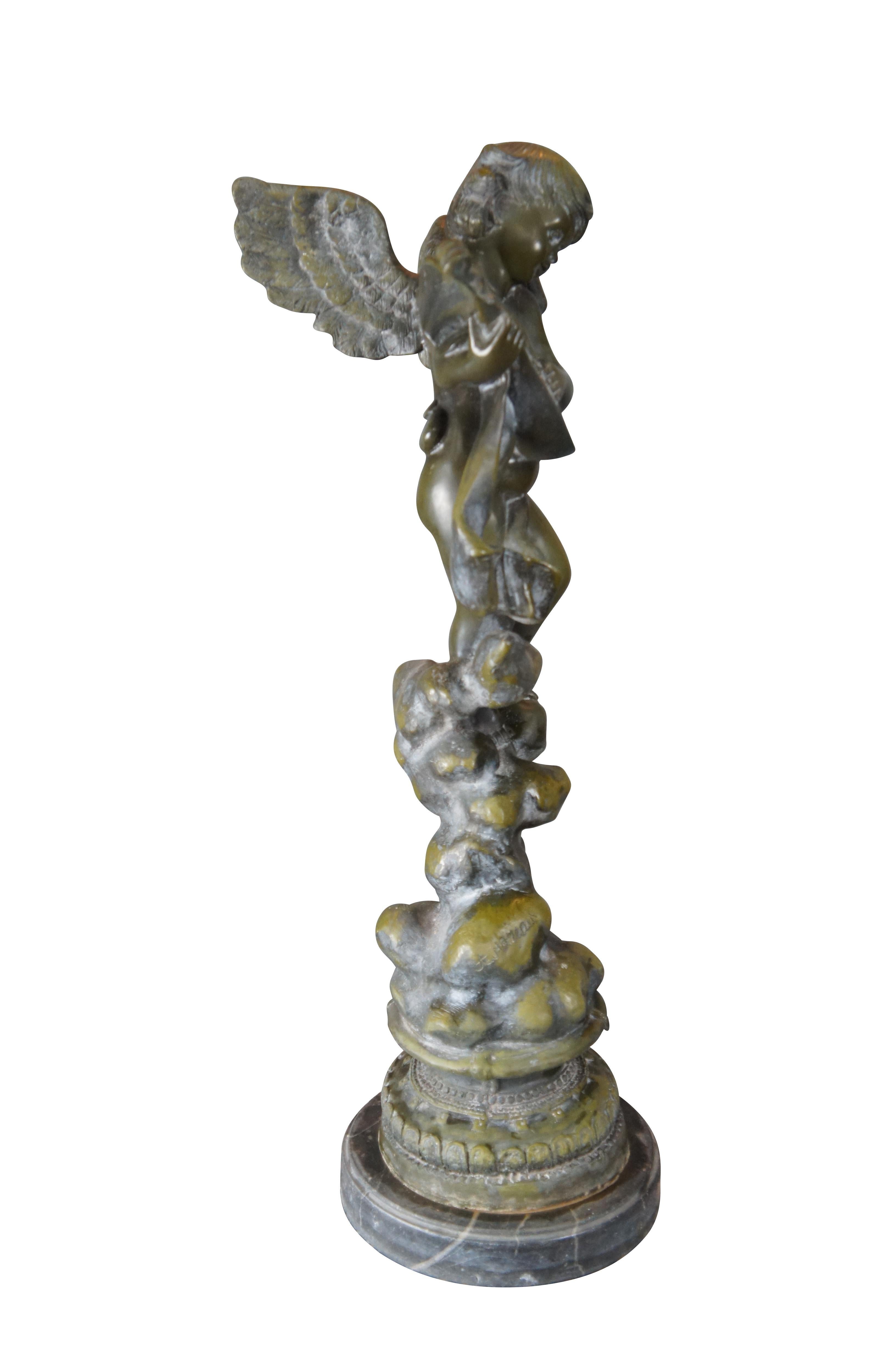 Large verdigris bronze of an angel playing a mandolin over rocks. After A. Moreau, circa mid 20th century. The bronze is mounted to marble plinth.

Dimensions:
25.5
