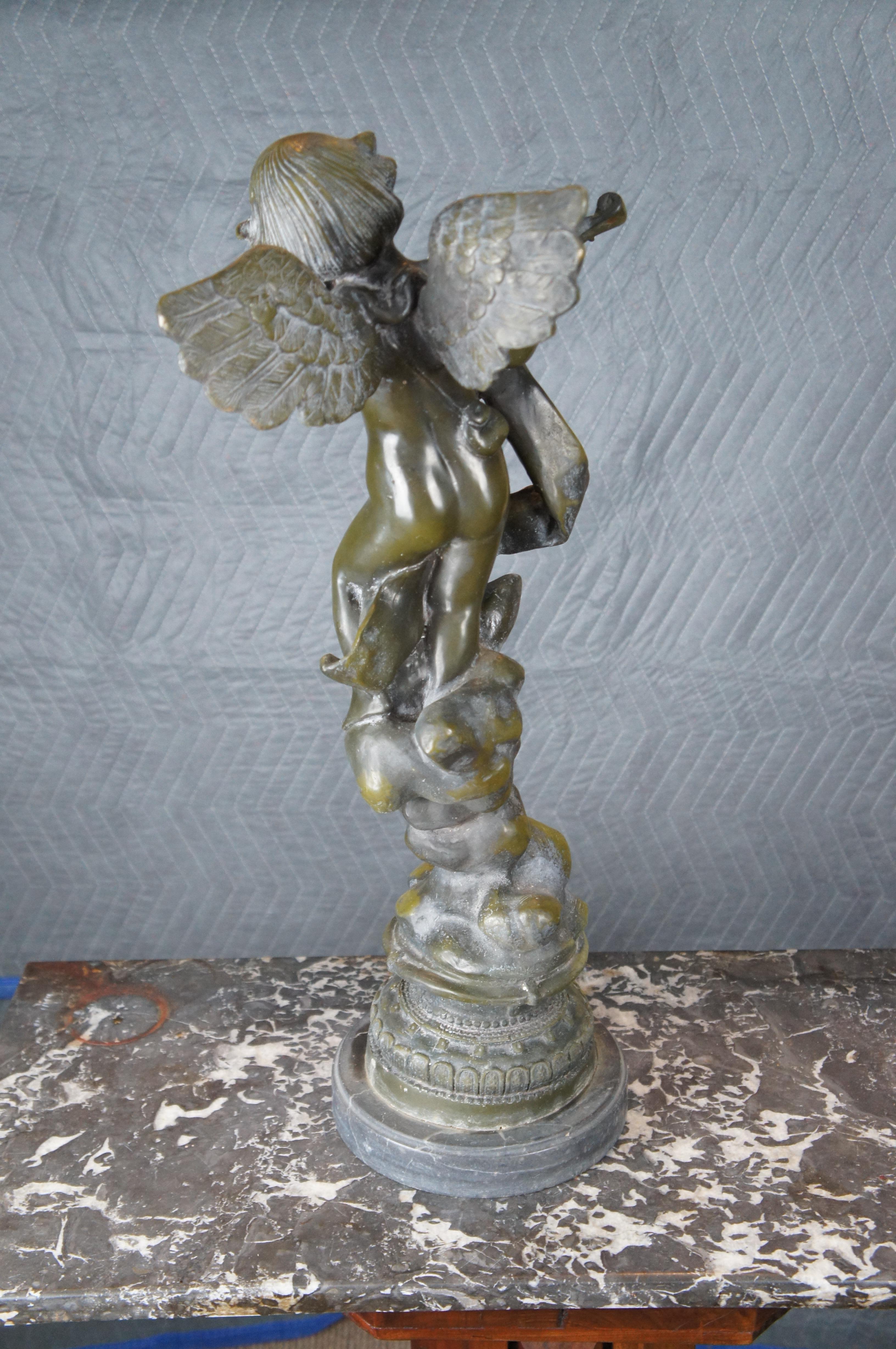 Large Cherub Angel Playing Mandolin Sculpture Signed Auguste Moreau Statue 26