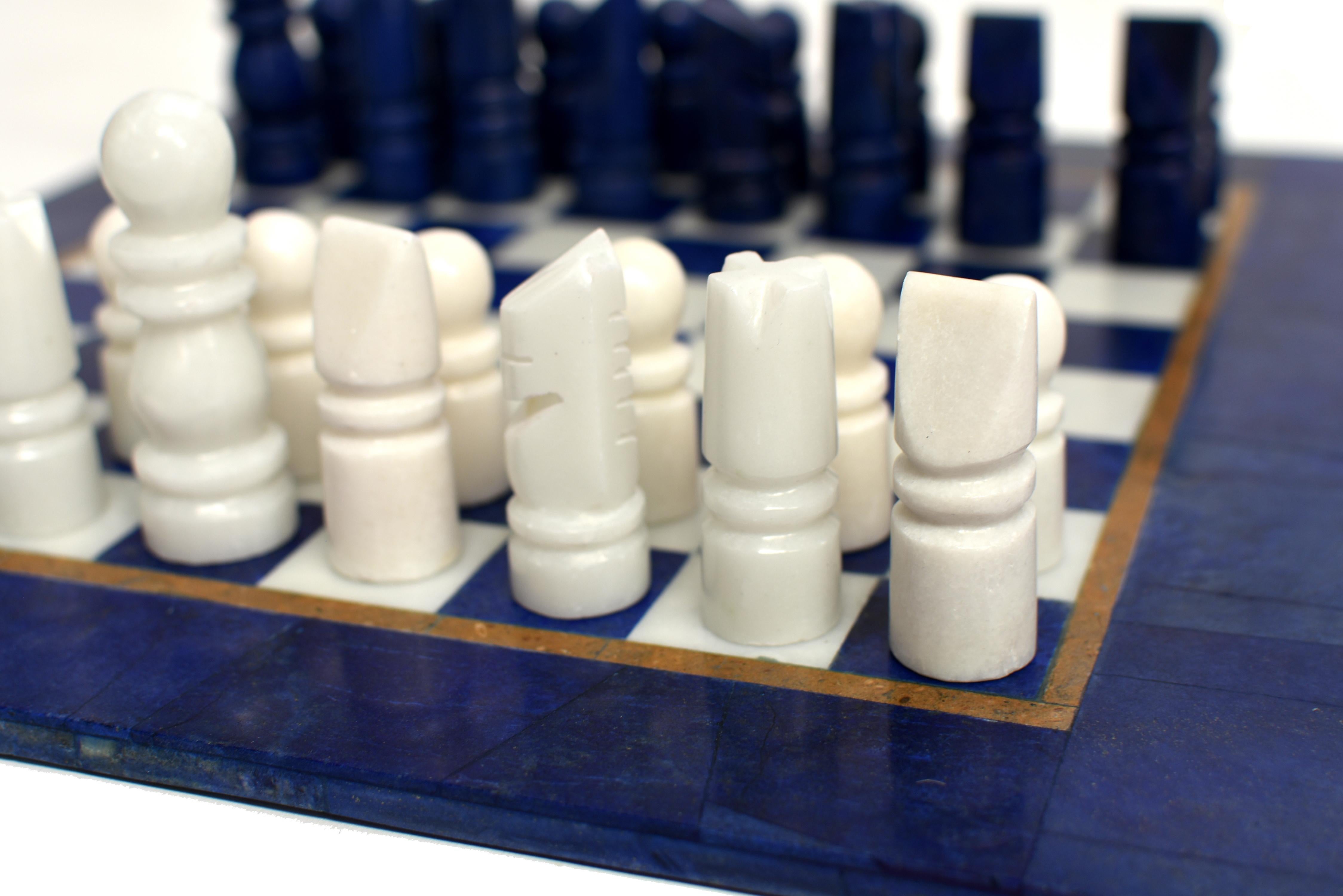 Large Chess Set Gemstone Lapis and Marble 15.5