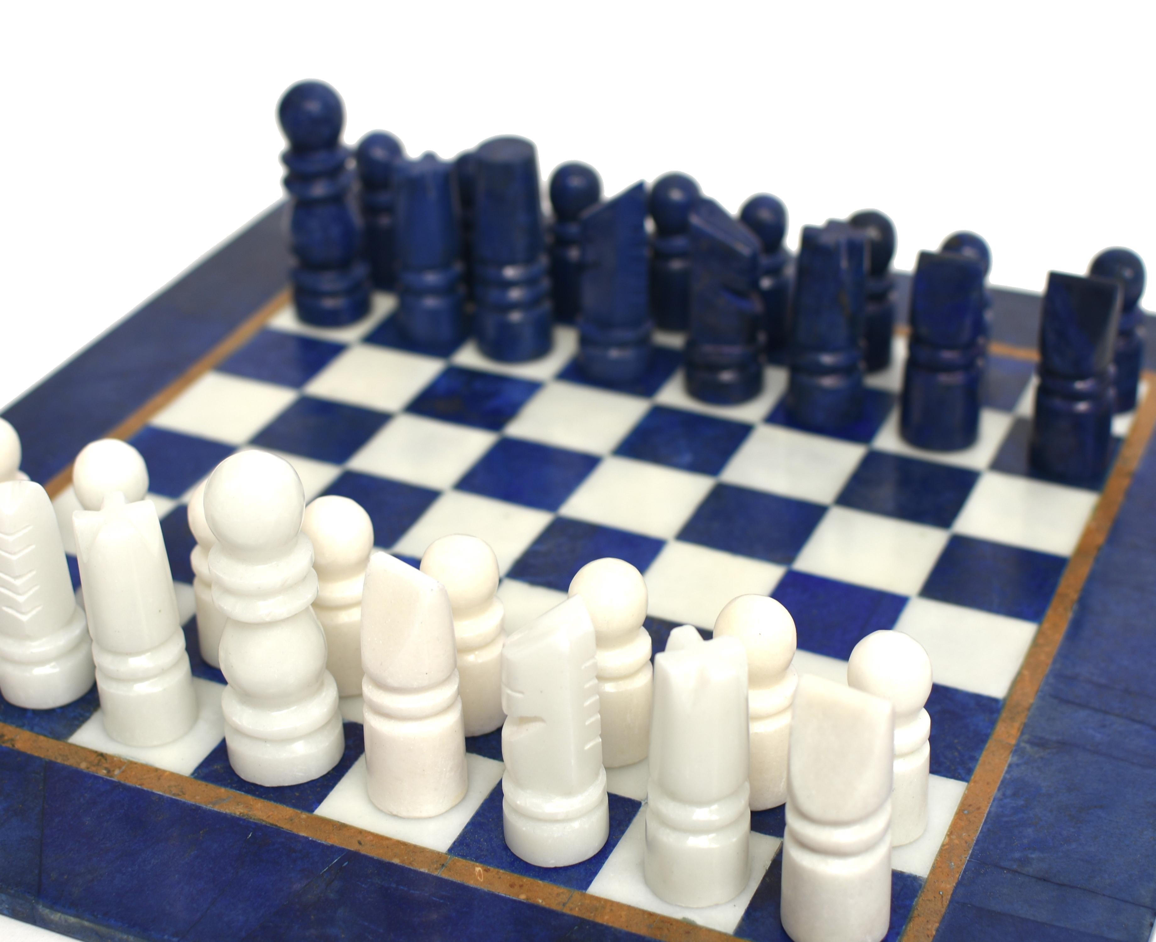 Large Chess Set Gemstone Lapis and Marble 15.5