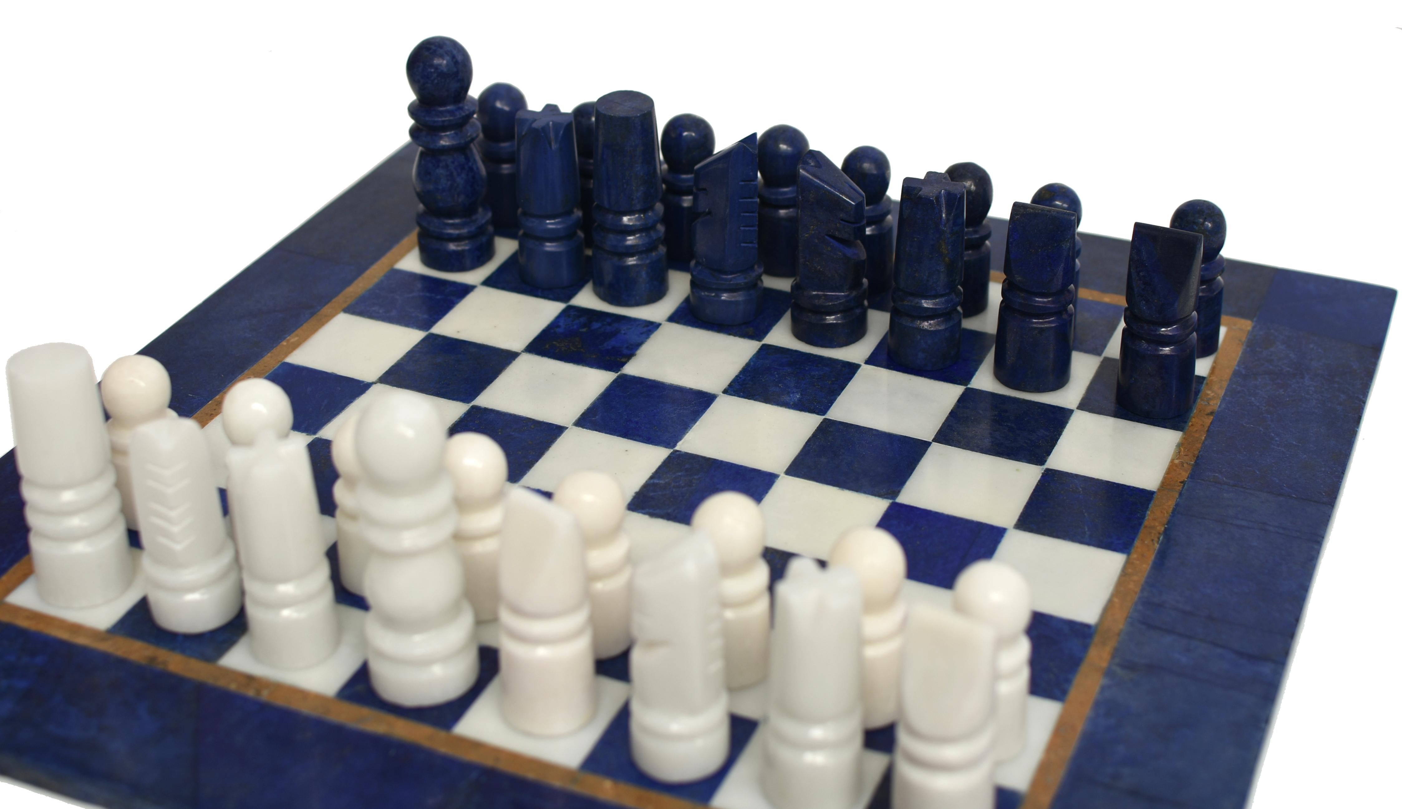 Large Chess Set Gemstone Lapis and Marble 15.5