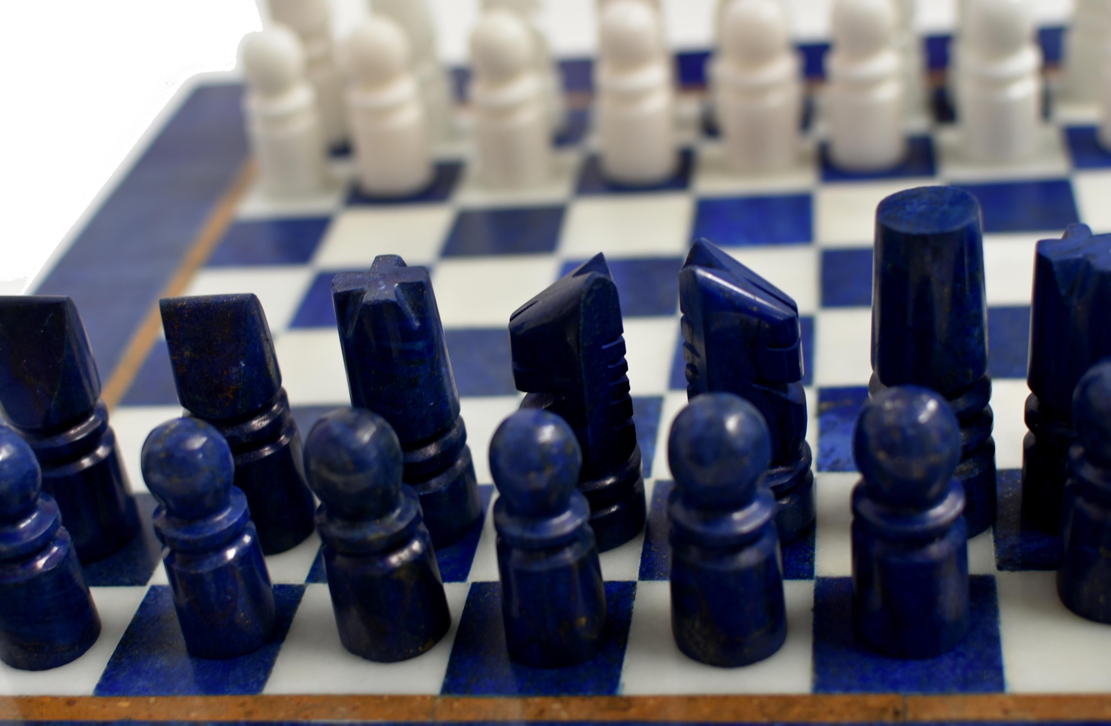 Large Chess Set Gemstone Lapis and Marble 15.5