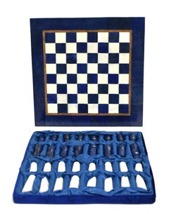Large Chess Set Gemstone Lapis and Marble 15.5"