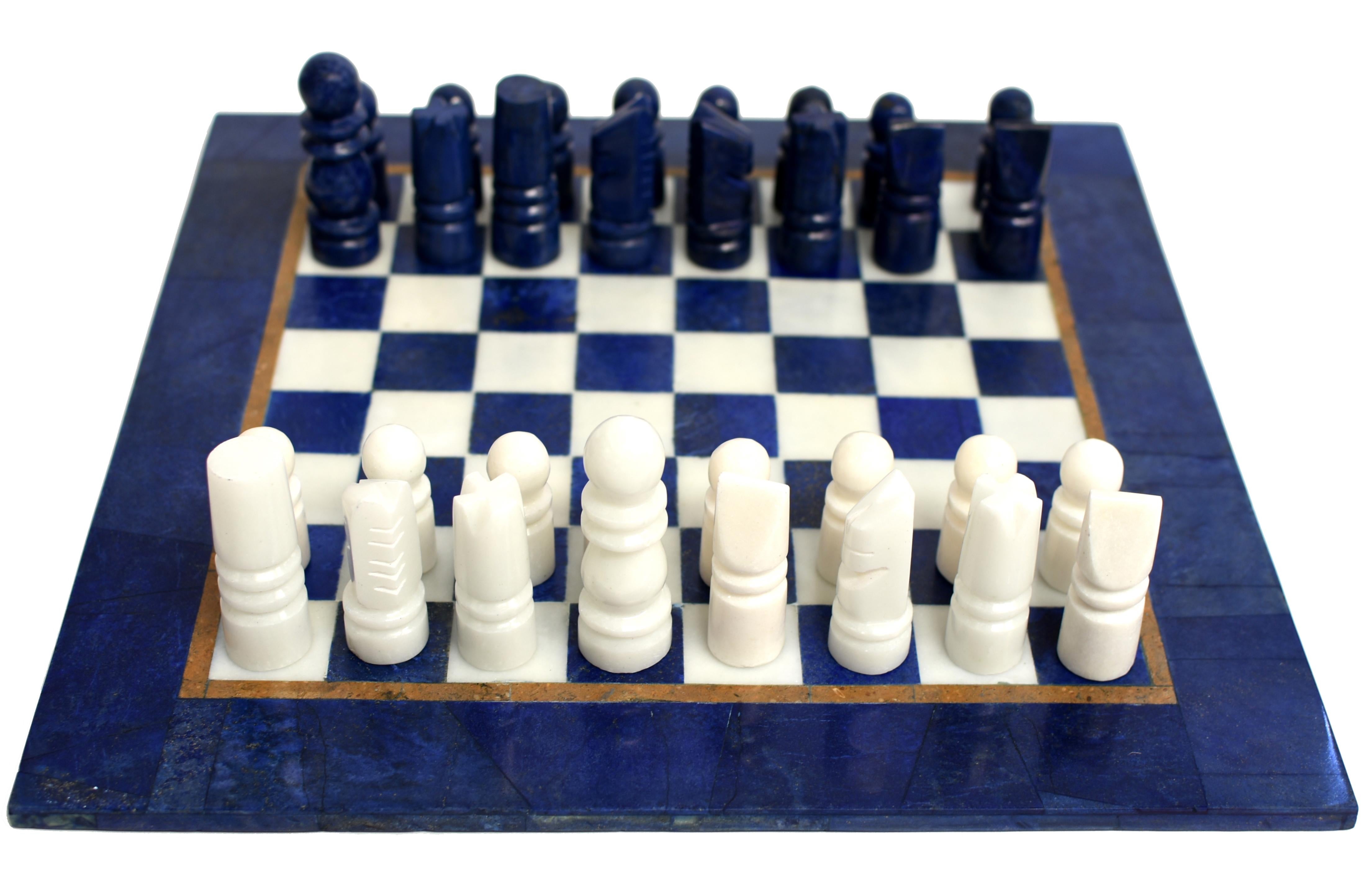 Hand-Carved Large Chess Set Gemstone Lapis and Marble 15.5