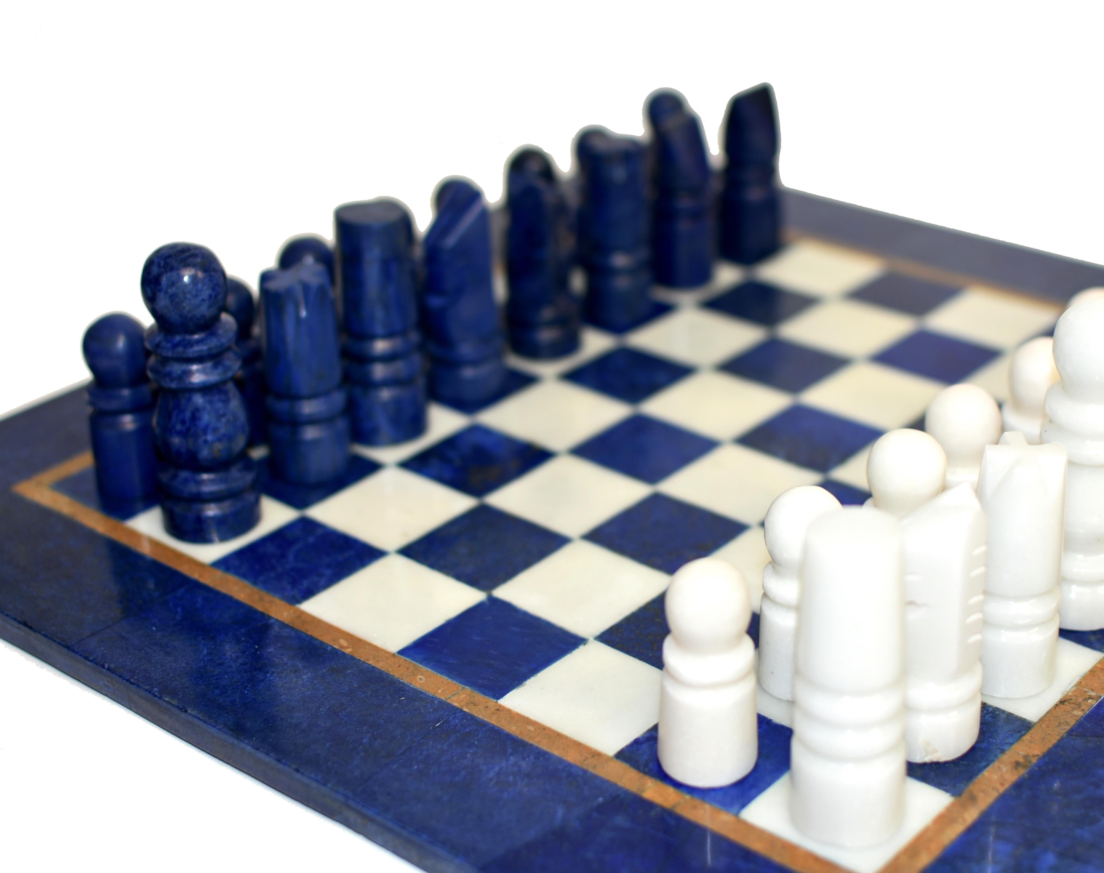 Large Chess Set Gemstone Lapis and Marble 15.5