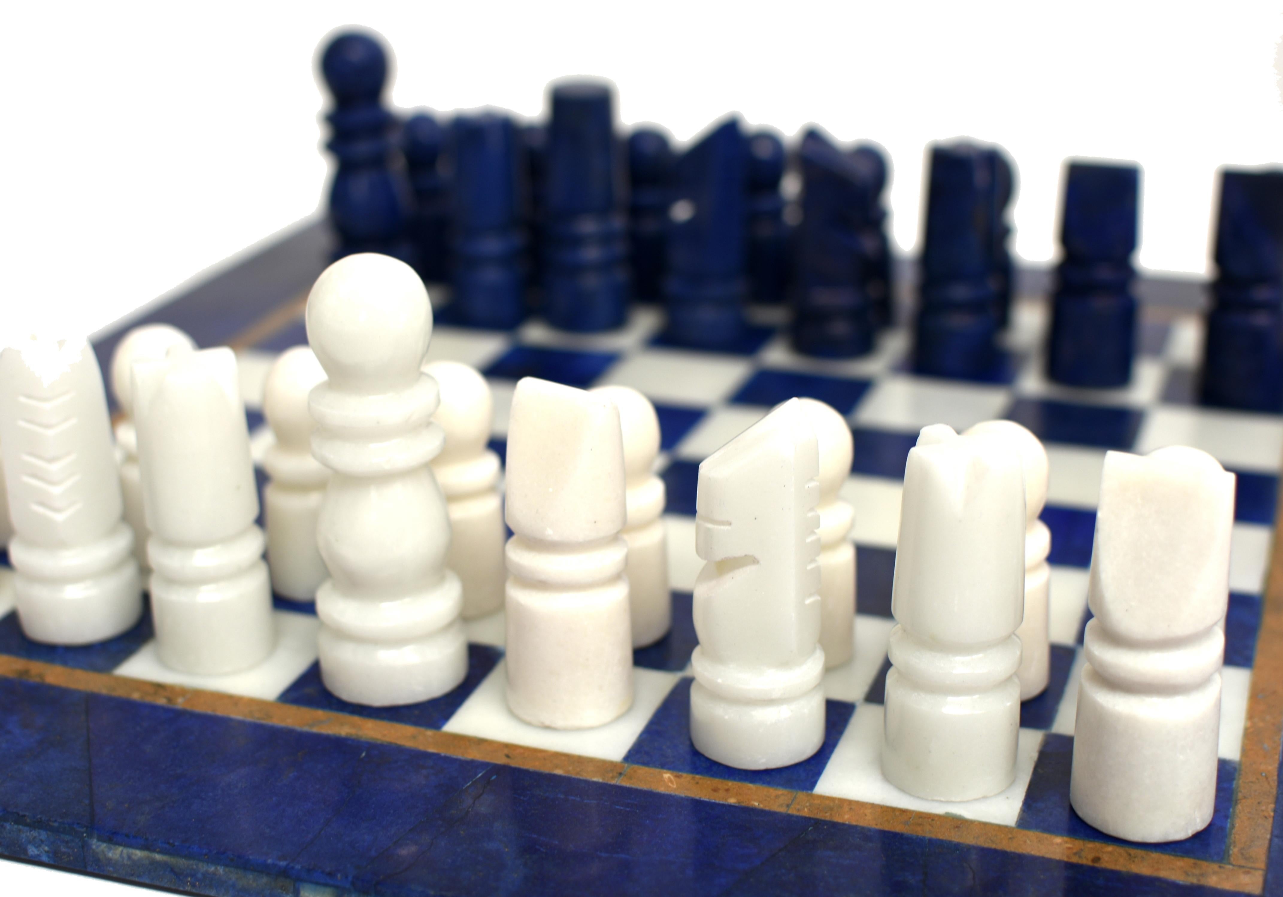 Contemporary Large Chess Set Gemstone Lapis and Marble 15.5